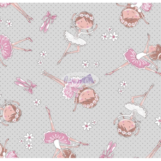 Tecidos Estampado Mini Bailarina 180633 cor - 02 (Cinza com Rosa)