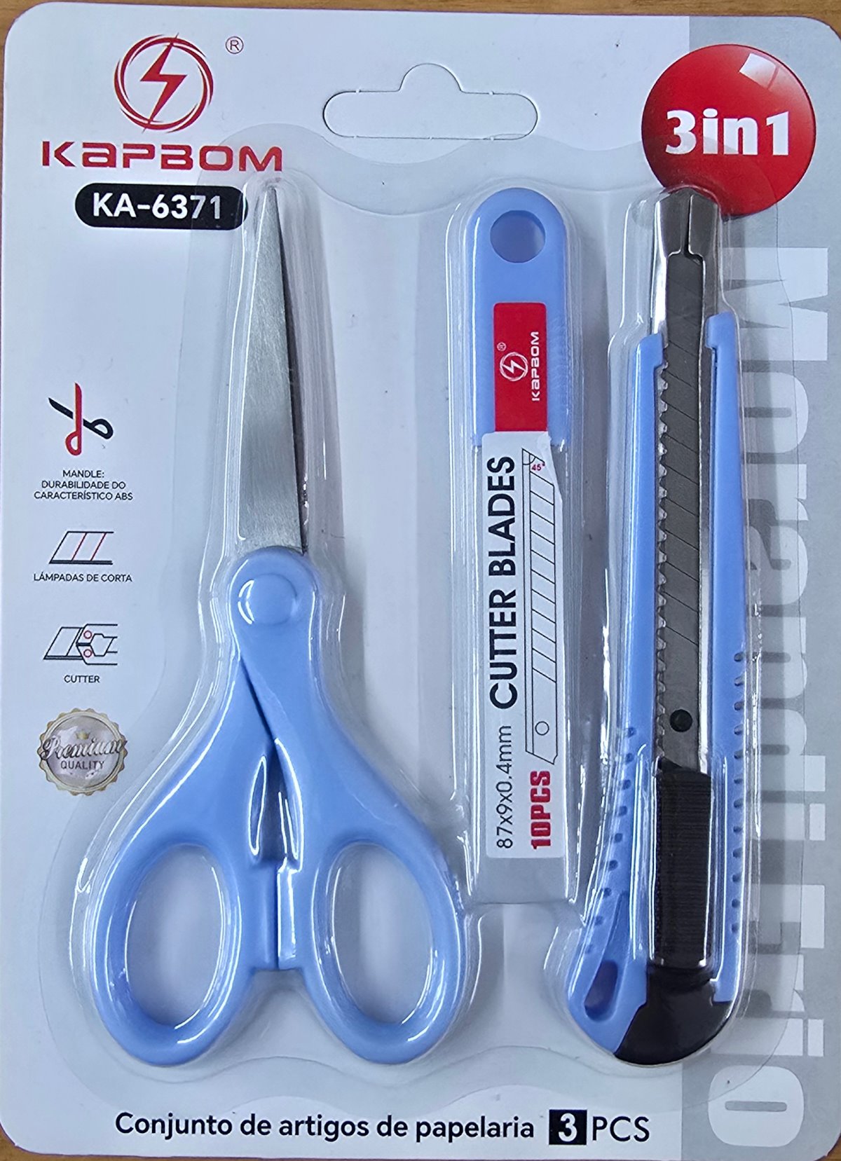 Kit 3 em 1 Tesoura Estilete e Refil Azul