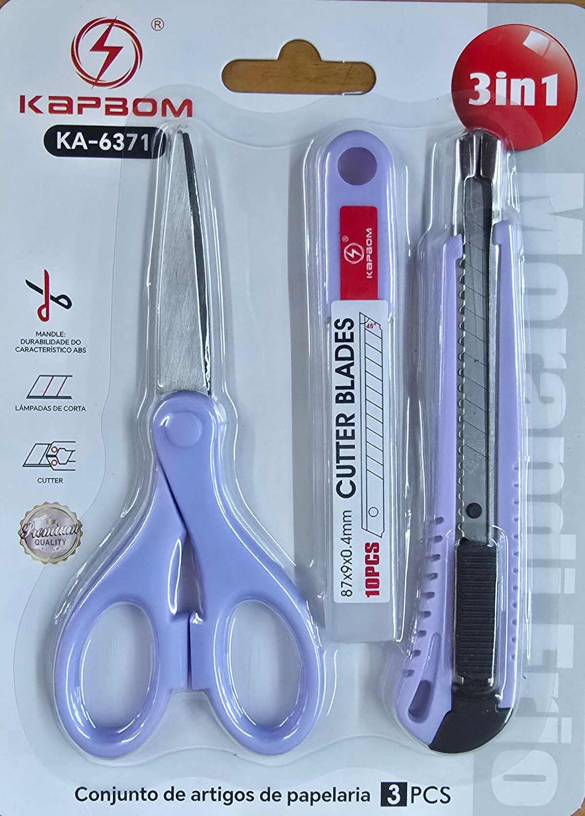 Kit 3 em 1 Tesoura Estilete e Refil Lilás
