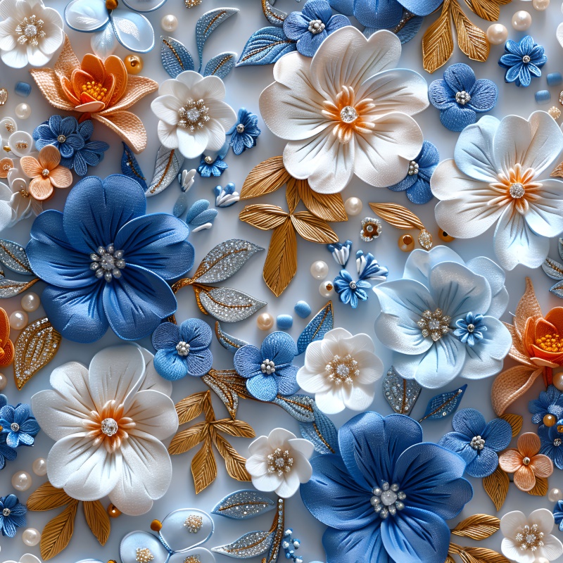 Tecido Sarja Impermeável Flor Azul e Branca 3D 9100e13682s
