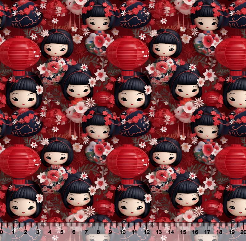 Kokeshi Fundo Vermelho 3D - Sintético Doll