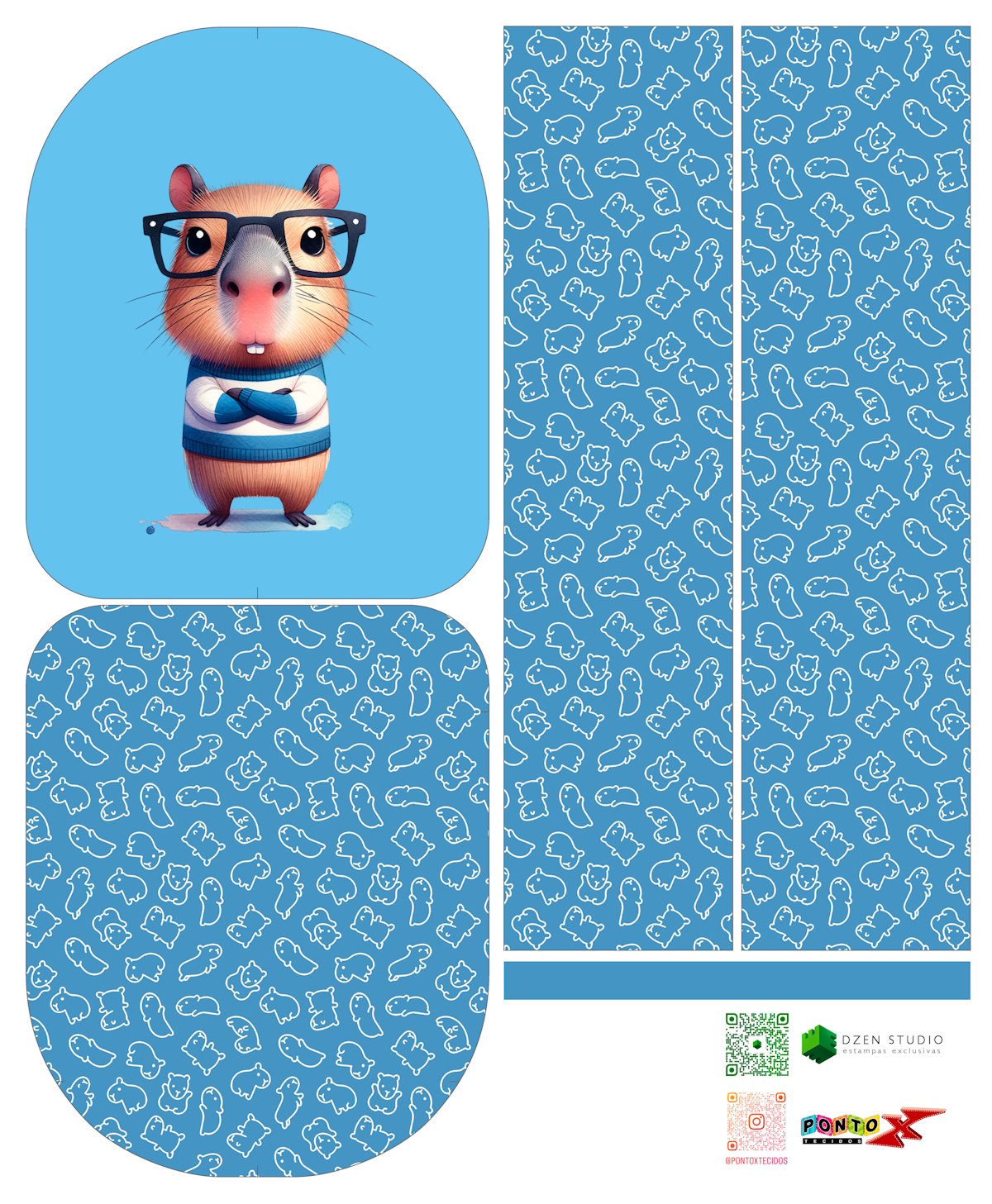 Painel Mochila Média Capivara Azul - Sintético Doll Estampado