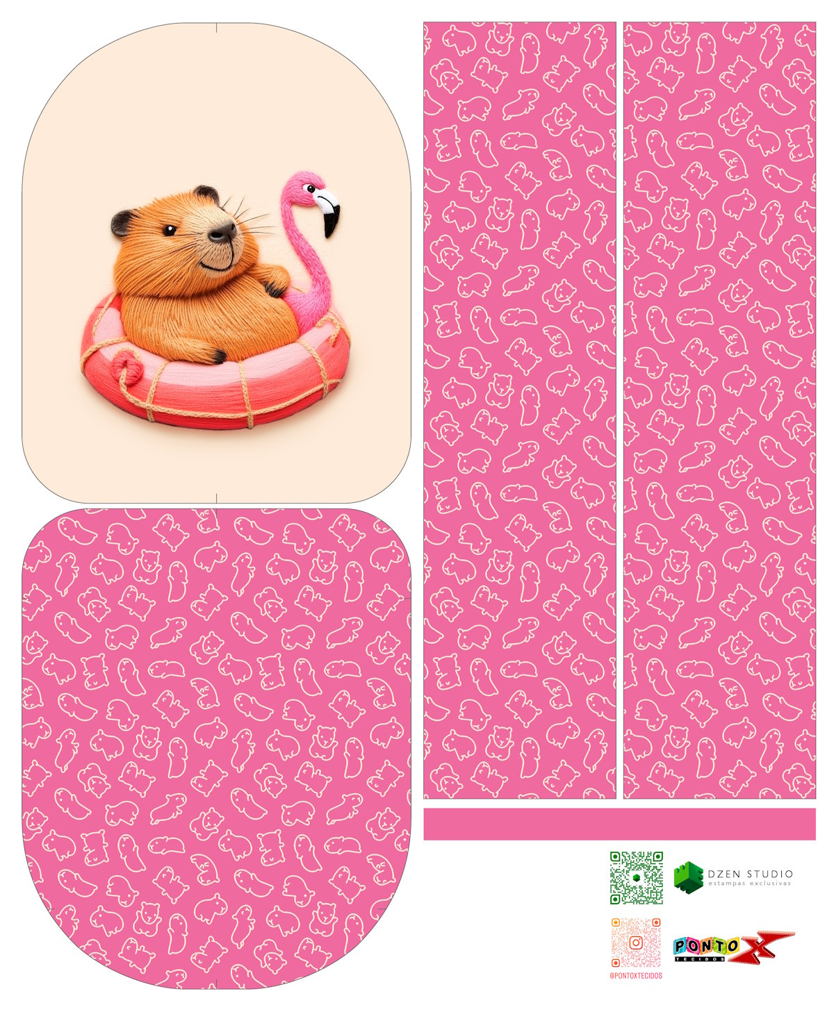Painel Mochila Média Capivara Rosa Boia - Sintético Doll Estampado