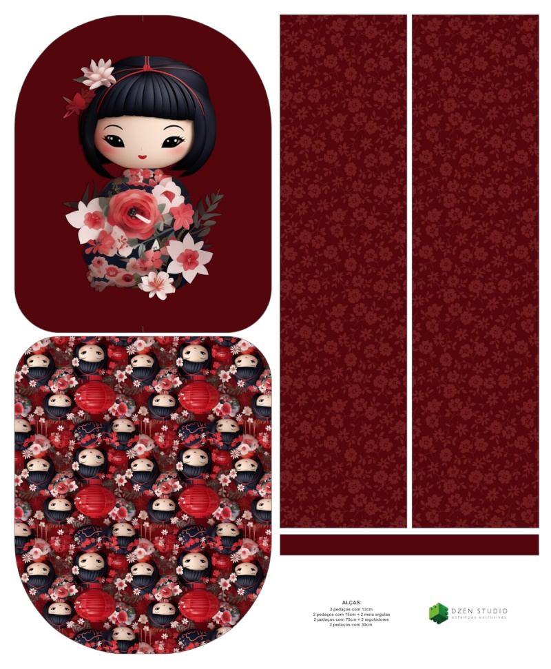 Painel Mochila Média Kokeshi fundo vinho - Sintético Doll Estampado