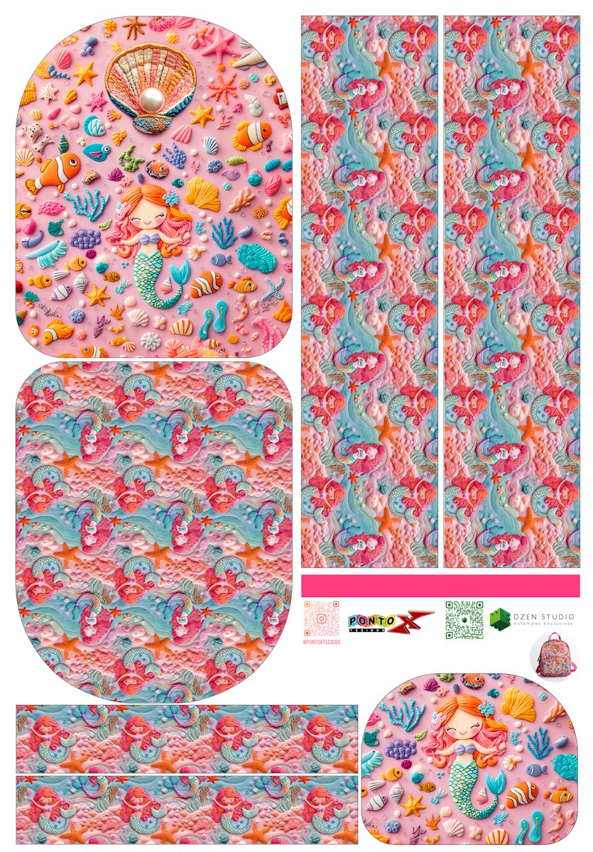 Painel Mochila Média Sereia com Bolso - Dzen Sintético Doll Estampado