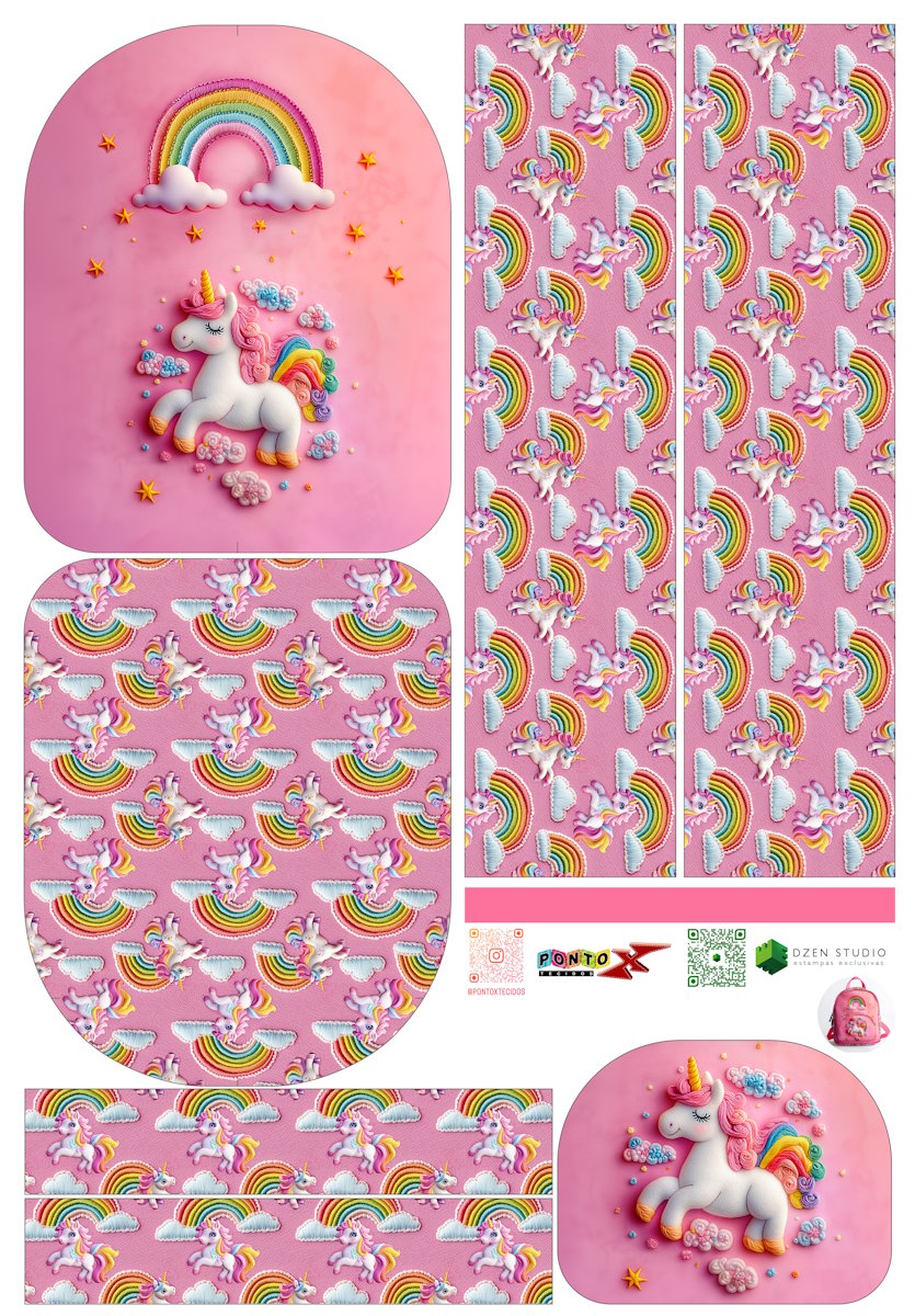 Painel Mochila Média Unicórnio Com Bolso - Dzen Sintético Doll Estampado