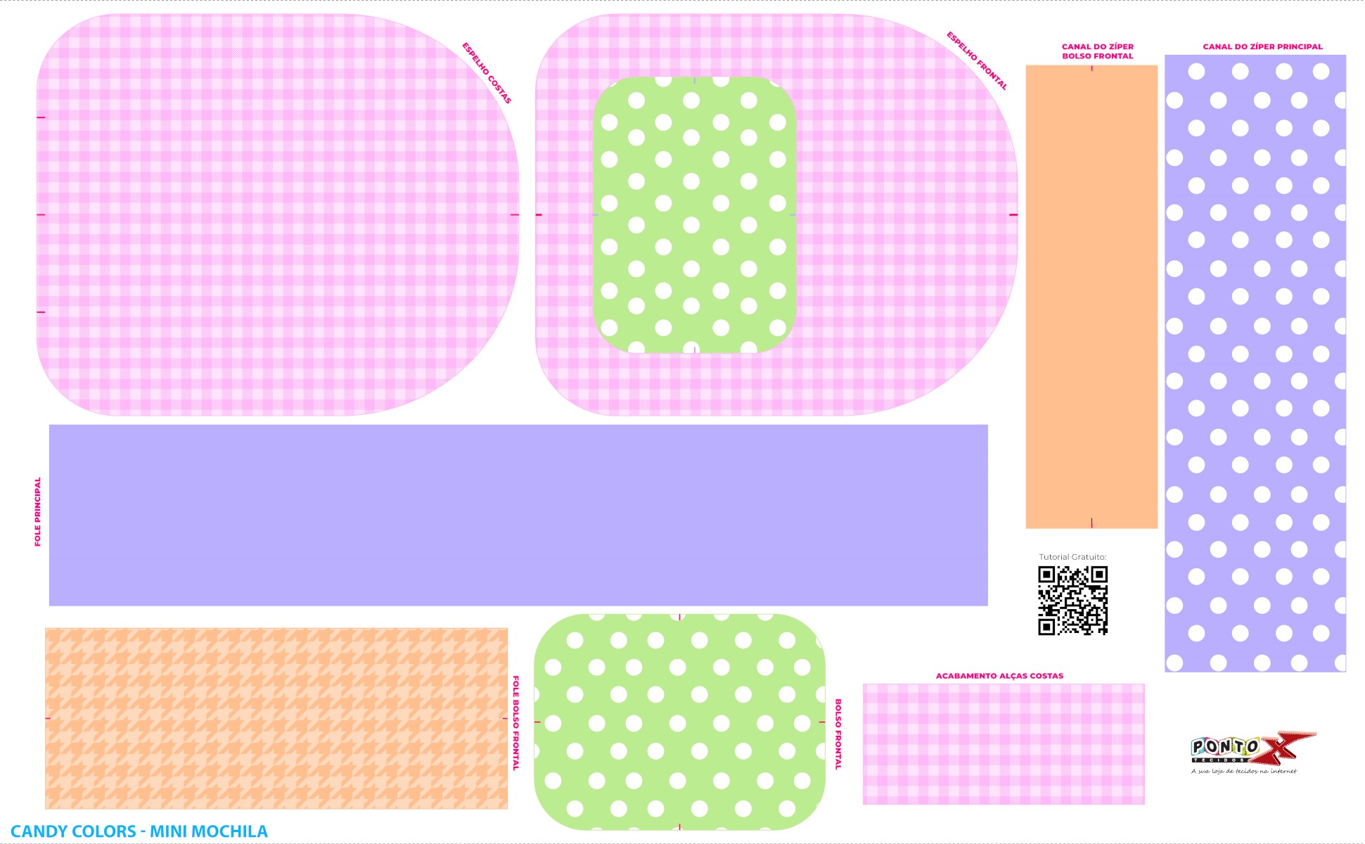 Painel Mochila Mini Bolsos Laterais Candy Colors - Ponto X Tecidos Doll Estampado