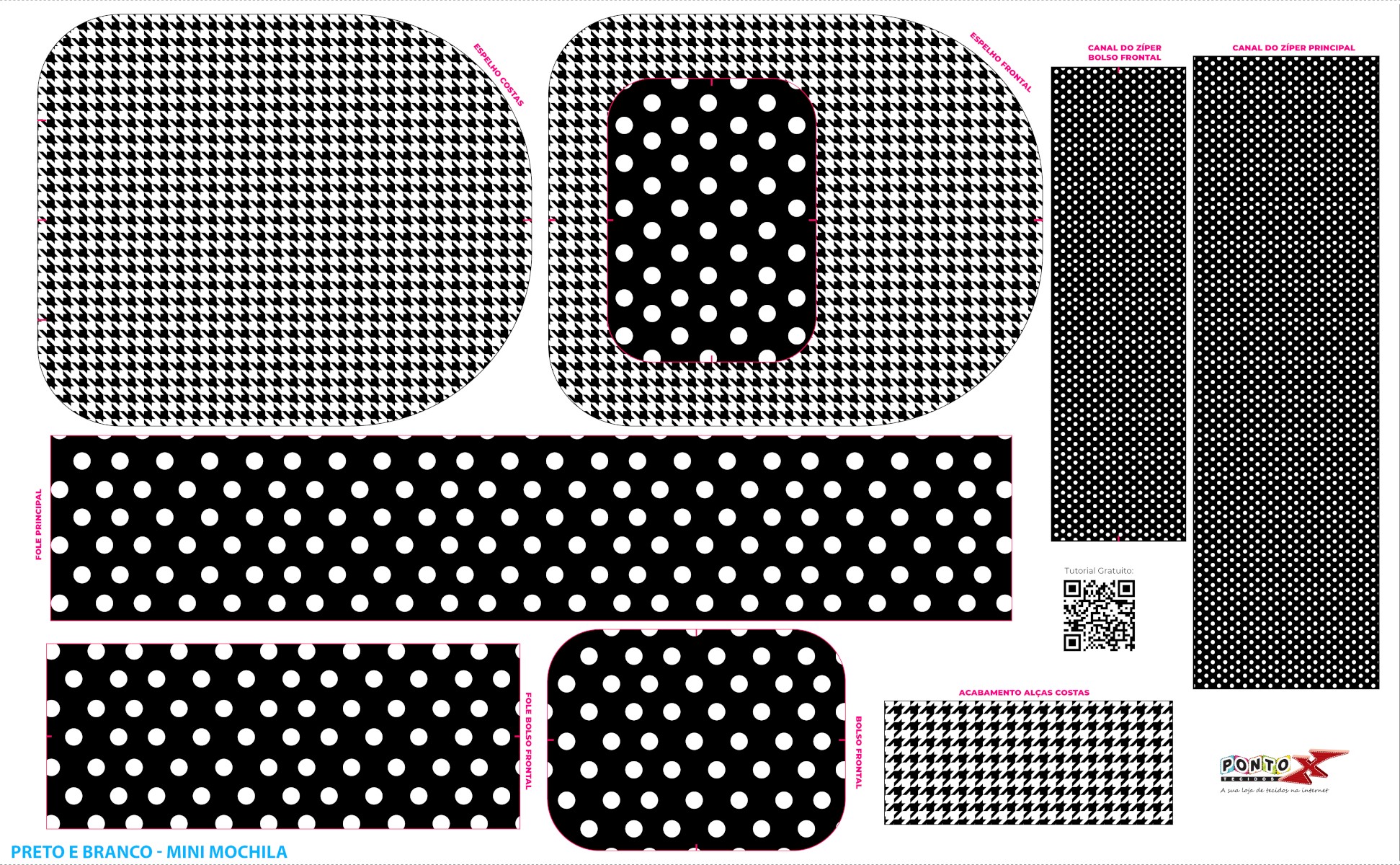 Painel Mochila Mini Bolsos Laterais Preto e Branco - Ponto X Tecidos Doll Estampado