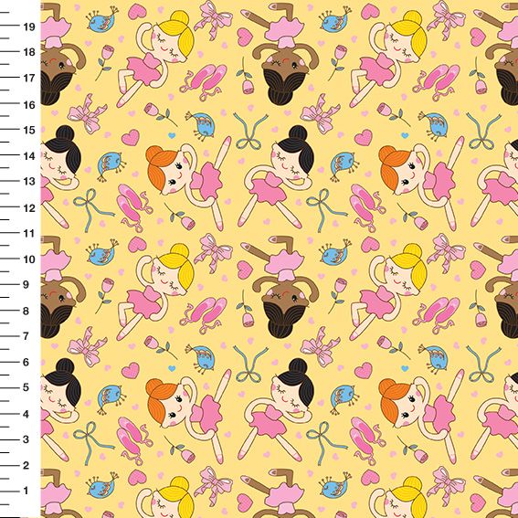 Sintético Doll Bailarinas Fundo Amarelo - Meia Tigela 50cm x 1,36mt