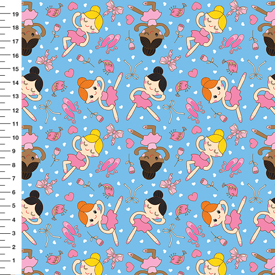 Sintético Doll Bailarinas Fundo Azul - Meia Tigela 50cm x 1,36mt
