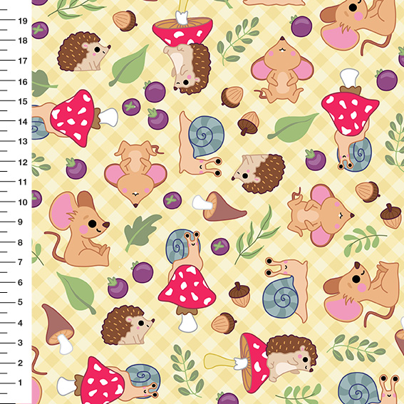 Sintético Doll Bichinhos do Bosque Xadrez Fundo Amarelo - Meia Tigela 50cm x 1,36mt