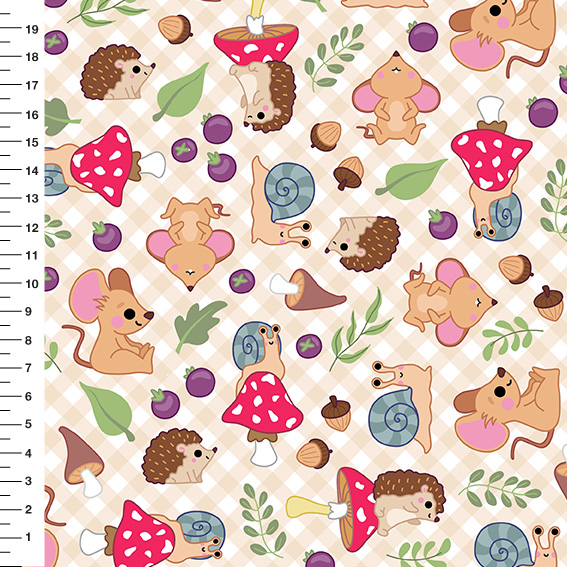 Sintético Doll Bichinhos do Bosque Xadrez Fundo Bege - Meia Tigela 50cm x 1,36mt