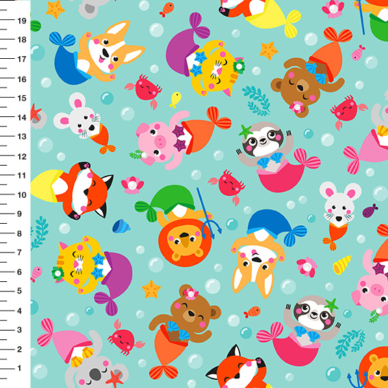 Sintético Doll Bichinhos Sereia Fundo Verde Água - Meia Tigela 50cm x 1,36mt