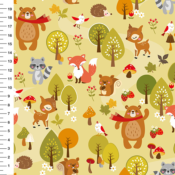 Sintético Doll Bichos da Floresta Fundo Amarelo - Meia Tigela 50cm x 1,36mt