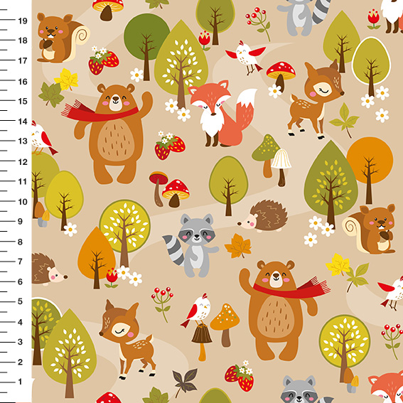 Sintético Doll Bichos da Floresta Fundo Bege - Meia Tigela 50cm x 1,36mt