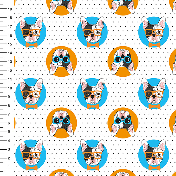 Sintético Doll Bulldog Óculos Poá Fundo Branco - Meia Tigela 50cm x 1,36mt
