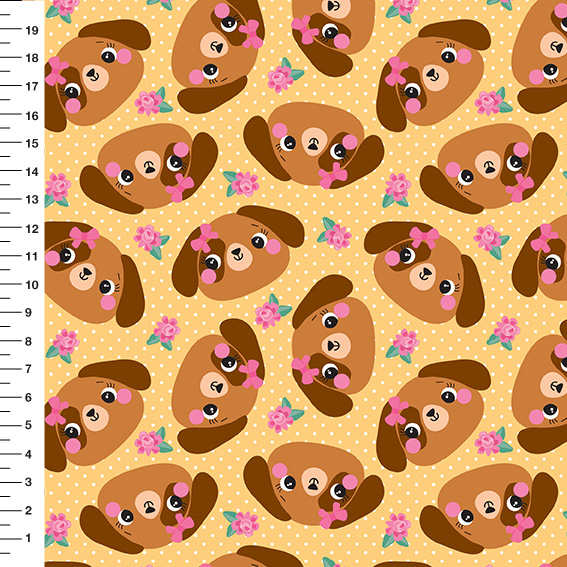 Sintético Doll Cachorrinha Flores Poá Fundo Amarelo - Meia Tigela 50cm x 1,36mt