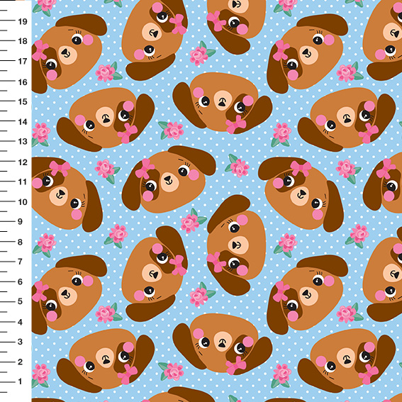 Sintético Doll Cachorrinha Flores Poá Fundo Azul - Meia Tigela 50cm x 1,36mt