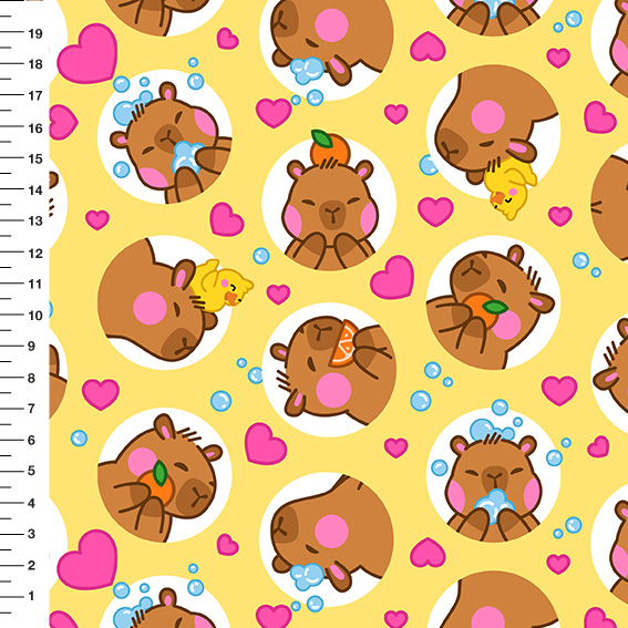 Sintético Doll Capivara Círculos Corações Fundo Amarelo - Meia Tigela 50cm x 1,36mt