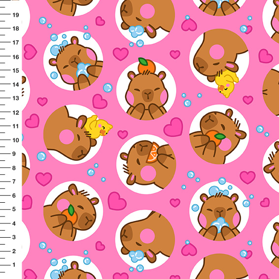 Sintético Doll Capivara Círculos Corações Fundo Rosa - Meia Tigela 50cm x 1,36mt