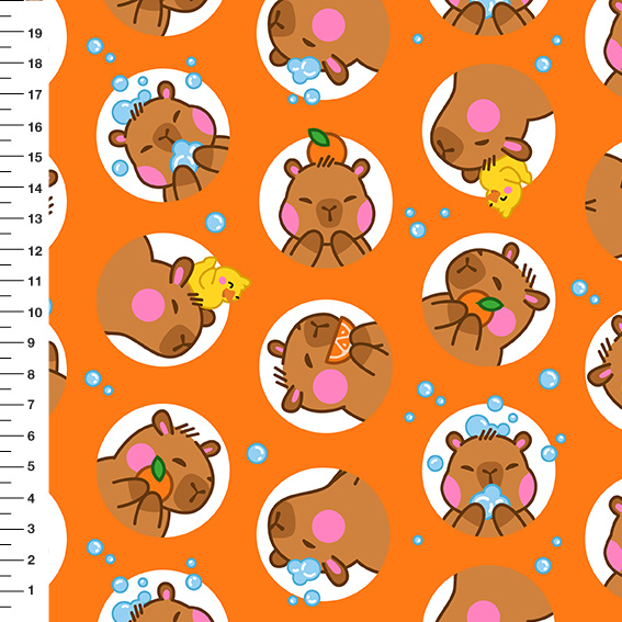 Sintético Doll Capivara Círculos Fundo Laranja - Meia Tigela 50cm x 1,36mt