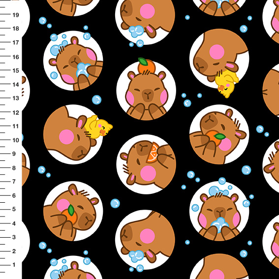 Sintético Doll Capivara Círculos Fundo Preto 4,2- Meia Tigela 50cm x 1,36mt