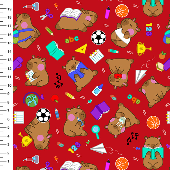 Sintético Doll Capivara Escolar Fundo Vermelho - Meia Tigela 50cm x 1,36mt