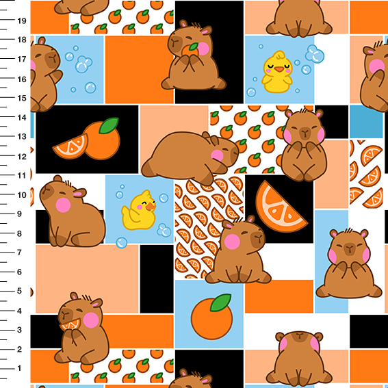 Sintético Doll Capivara Laranjas Patchwork Preto e Azul - Meia Tigela 50cm x 1,36mt