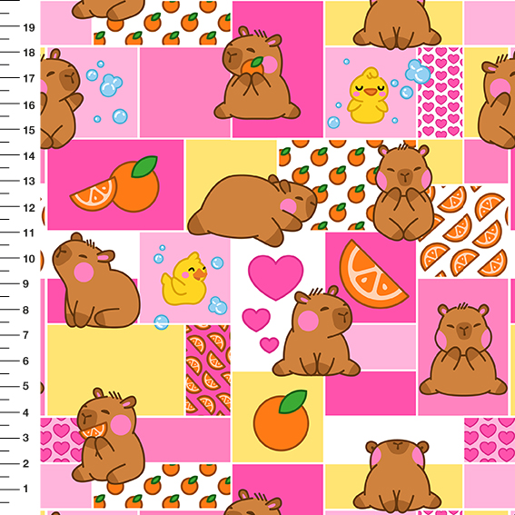Sintético Doll Capivara Laranjas Patchwork Rosa e Amarelo - Meia Tigela 50cm x 1,36mt