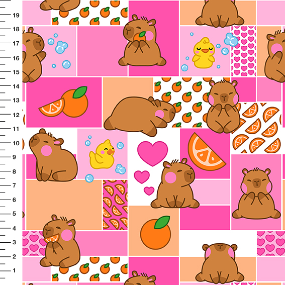 Sintético Doll Capivara Laranjas Patchwork Rosa - Meia Tigela 50cm x 1,36mt