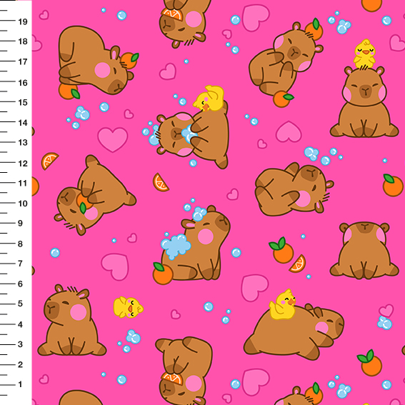 Sintético Doll Capivara no Banho Corações Fundo Pink - Meia Tigela 50cm x 1,36mt