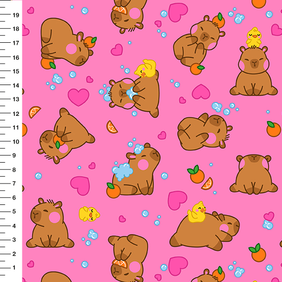 Sintético Doll Capivara no Banho Corações Fundo Rosa - Meia Tigela 50cm x 1,36mt