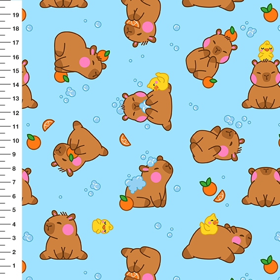 Sintético Doll Capivara no Banho Fundo Azul Bebê - Meia Tigela 50cm x 1,36mt