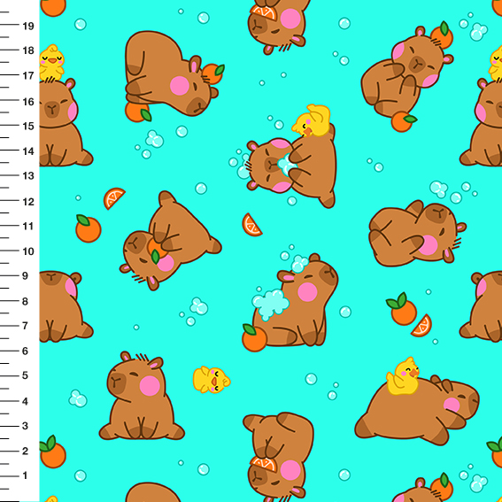 Sintético Doll Capivara no Banho Fundo Verde Água - Meia Tigela 50cm x 1,36mt