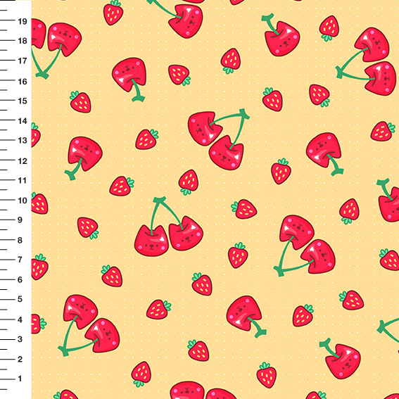 Sintético Doll Cerejas e Morangos Fundo Amarelo - Meia Tigela 50cm x 1,36mt