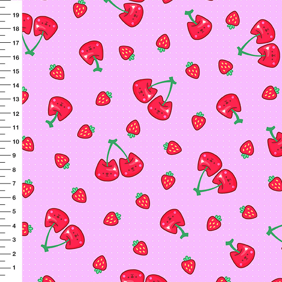 Sintético Doll Cerejas e Morangos Fundo Lilás - Meia Tigela 50cm x 1,36mt