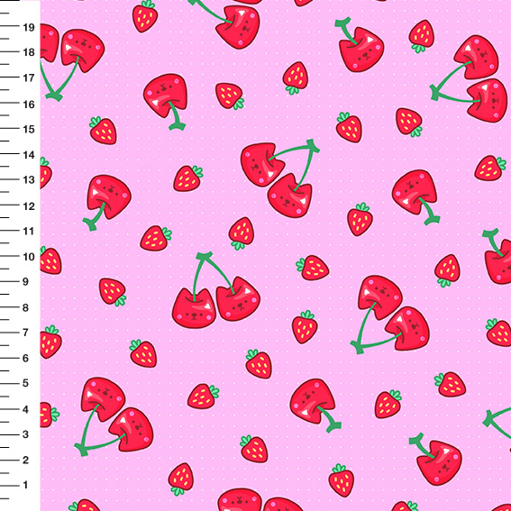 Sintético Doll Cerejas e Morangos Fundo Rosa Claro - Meia Tigela 50cm x 1,36mt