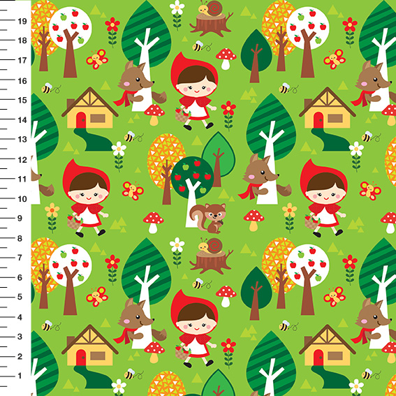 Sintético Doll Chapeuzinho Vermelho Fundo Verde Limão - Meia Tigela 50cm x 1,36mt