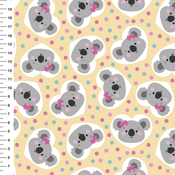 Sintético Doll Coala Corações Fundo Amarelo - Meia Tigela 50cm x 1,36mt