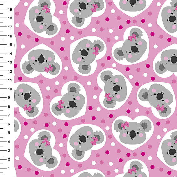 Sintético Doll Coala Corações Fundo Rosa - Meia Tigela 50cm x 1,36mt