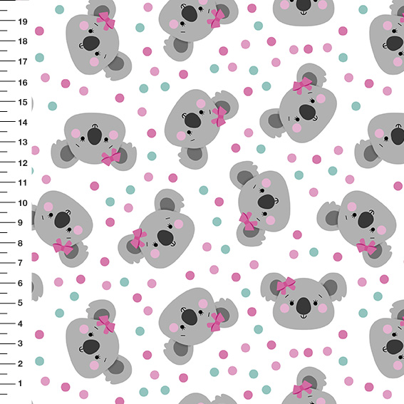 Sintético Doll Coala Laço Rosa Poá Fundo Branco - Meia Tigela 50cm x 1,36mt