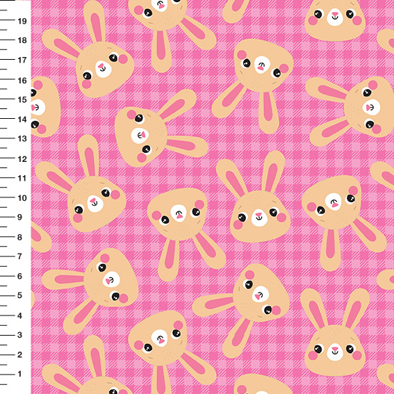 Sintético Doll Coelho e Ursinho Xadrez Fundo Rosa - Meia Tigela 50cm x 1,36mt