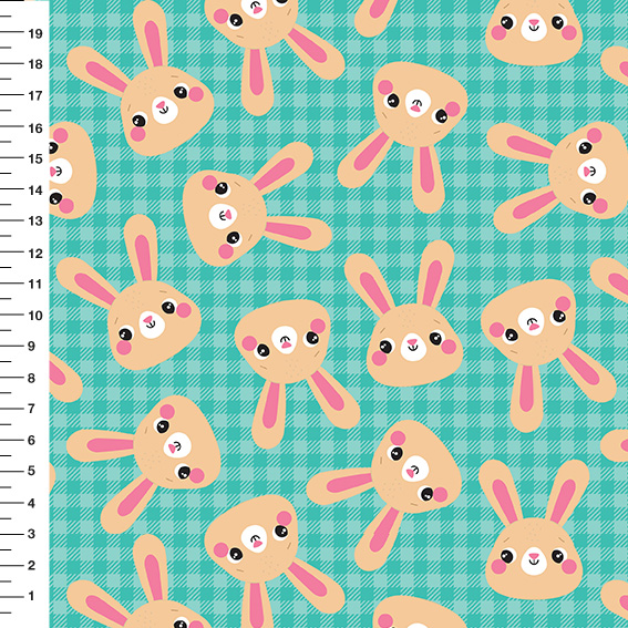 Sintético Doll Coelho e Ursinho Xadrez Fundo Verde Água - Meia Tigela 50cm x 1,36mt
