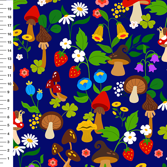 Sintético Doll Cogumelos e Flores do Campo Fundo Azul Marinho - Meia Tigela 50cm x 1,36mt