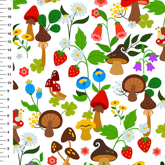 Sintético Doll Cogumelos e Flores do Campo Fundo Branco - Meia Tigela 50cm x 1,36mt