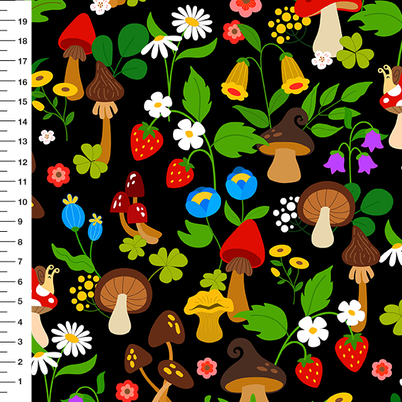 Sintético Doll Cogumelos e Flores do Campo Fundo Preto - Meia Tigela 50cm x 1,36mt