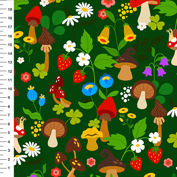 Sintético Doll Cogumelos e Flores do Campo Fundo Verde Escuro - Meia Tigela 50cm x 1,36mt