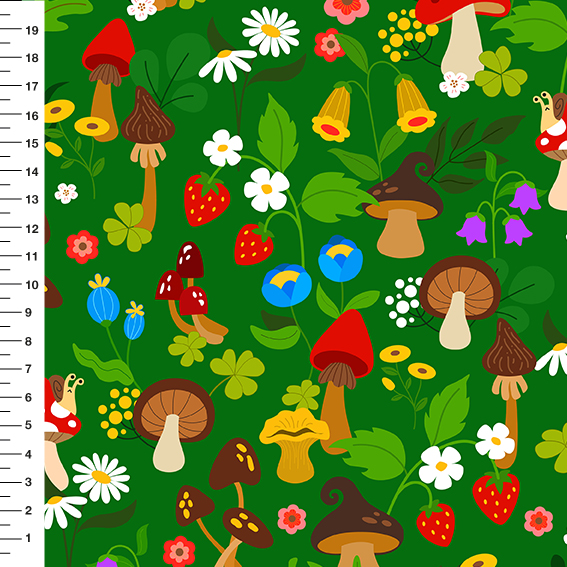 Sintético Doll Cogumelos e Flores do Campo Fundo Verde - Meia Tigela 50cm x 1,36mt