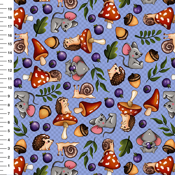 Sintético Doll Cogumelos e Ratinhos Fundo Azul - Meia Tigela 50cm x 1,36mt