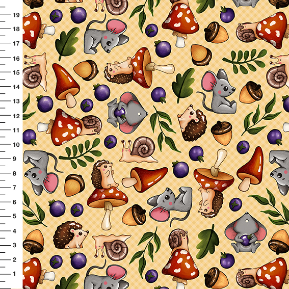 Sintético Doll Cogumelos e Ratinhos Fundo Bege - Meia Tigela 50cm x 1,36mt